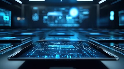 A digital classroom displayed on a tablet, symbolizing the concept of online learning.