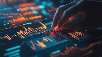 A hand interacts with a digital interface displaying data graphs and analytics.