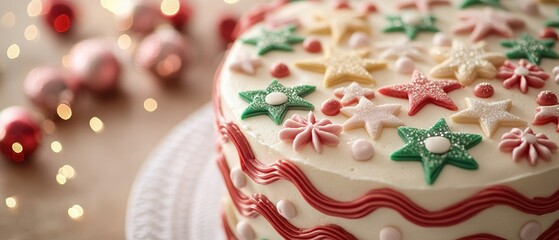 Festive holiday cake with icing and star decorations for christmas celebration