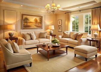 Photo image of a serene and cozy living room with cream-colored walls, plush cream-colored furniture, and soft cream-toned lighting, surrounded by warm earthy tones.