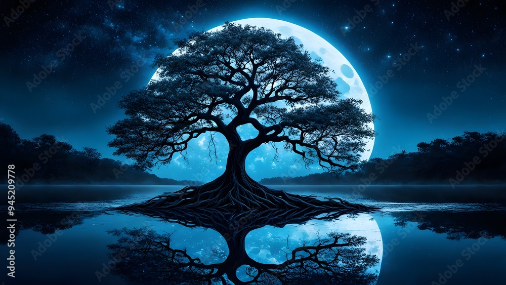 Wall mural landscape tree with glow moon desktop wallpaper, pc wallpaper 4k