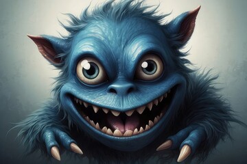 Fototapeta premium Whimsical blue funny monster with large scary eyes and sharp teeth, displaying a playful expression,cartoon monster,cartoon zombie,blue monster