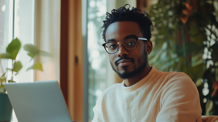 Obraz premium A young man smiles while working on his laptop at a cozy home office surrounded by indoor plants during natural daylight