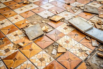 Naklejka premium A worn and damaged floor with broken tiles and large cracks, exposing the underlying subfloor to reveal worn-out concrete or wooden boards beneath.