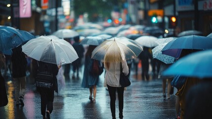 A bustling city scene with people walking under umbrellas in the rain.