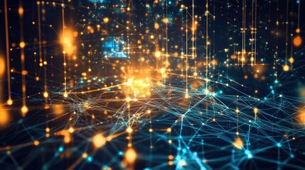 Obraz premium A digital grid with connected lines and nodes, symbolizing global communication networks.