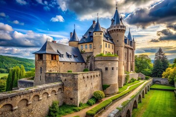 Fototapeta premium Perched atop ancient stones, a formidable fortress stands, its machicolation a testament to medieval ingenuity, a reminder of battles past and present.