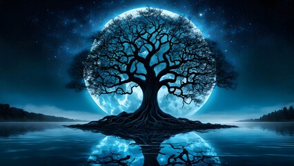 landscape tree with glow moon desktop wallpaper, pc wallpaper 4k