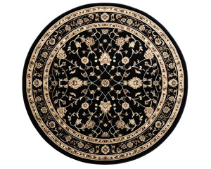 Fototapeta premium Intricate round rug design featuring floral s on a rich black background, PNG