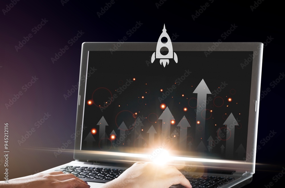 Sticker businessman hold on virtual screen a rocket icon