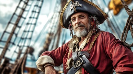 Fototapeta premium Bold Pirate Captain with Hook Hand Standing Confidently on Deck during Pirate Day Adventure