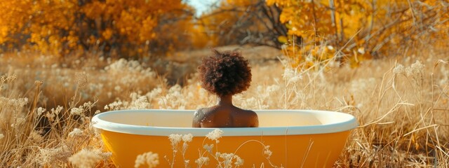 black , african american woman in outdoor bath in blurred autumn background. take care of yourself, unity with nature concept. moments of relax. banner