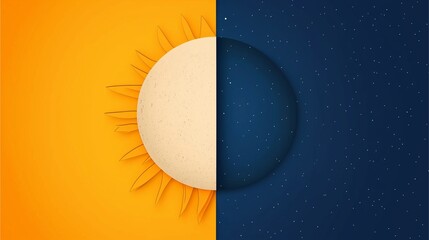 Abstract illustration of half sun and half moon on a split background symbolizing the contrast between day and night.