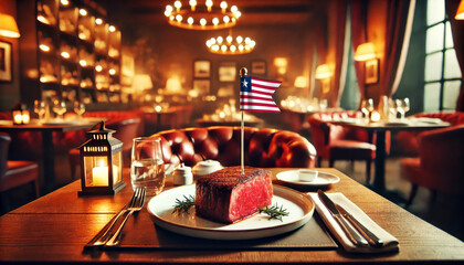 A perfectly cooked steak adorned with an Liberia flag in an elegant, dimly lit restaurant, evoking a sense of patriotic fine dining