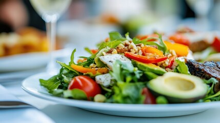 Fototapeta premium Fresh summer salad with avocado, cherry tomatoes, and arugula on a white plate