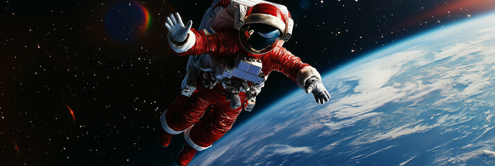 Santa Clause Astronaut Flying in Space, Cosmos. Santa Clause Astronaut Flying in Space, Cosmos. African American People Celebrating Winter Holidays. Luxury Happy New Year Celebration Background.