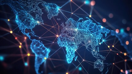 A digital world map with interconnected lines, symbolizing global network communication.