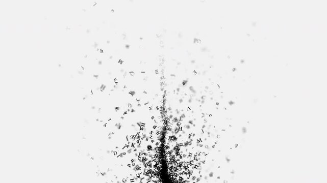 Tornado of black letters on white background. Animated flow of letters. Seamless looping animation.