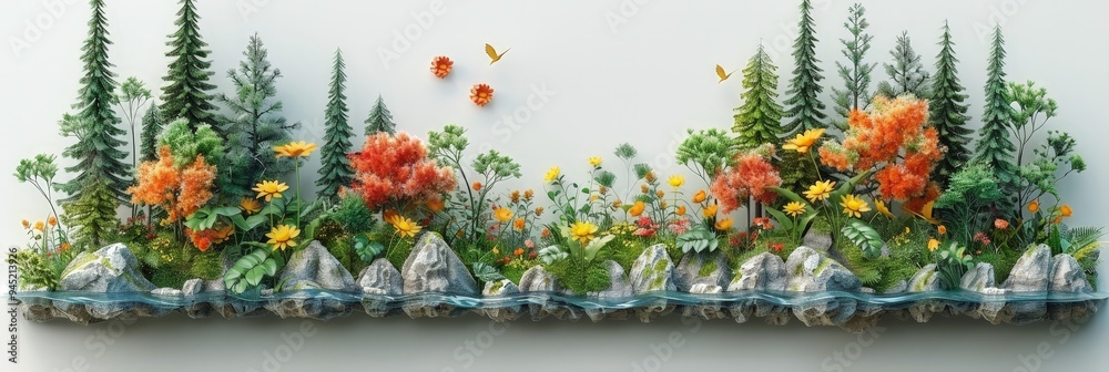 Wall mural Floating island of flowers and trees with vibrant autumn colors, symbolizing nature conservation and environmental protection.