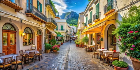 4. A narrow, cobblestone street in Capri's historic center is lined with upscale boutiques and charming cafes, a realistic photo image.