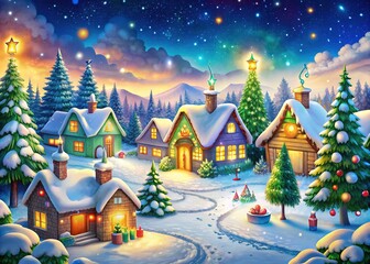 Colorful whimsical cartoon village scene at Christmas, featuring snow-covered cottages, twinkling lights, and festive decorations amidst a magical winter wonderland landscape.