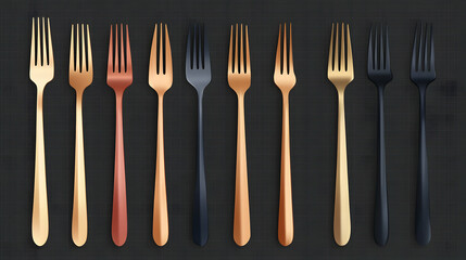 Gold Black and Copper Forks on Black Grid