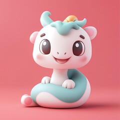 Fototapeta premium A cute, cartoonish dragon-like creature with a joyful expression against a pink background.