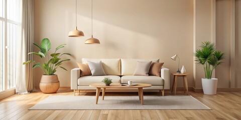 A photo image of a minimalist living room with a flat design aesthetic, featuring a pale wood floor, cream-colored walls, and a sleek sofa in a neutral color palette.