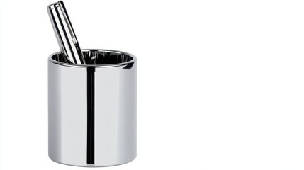 A chrome effect pen holder with a sleek design and glossy finish, chrome effect, pen holder, sleek