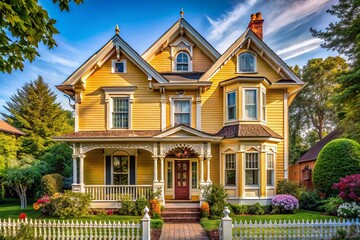 Fototapeta premium Photo image of a charming Victorian-style home with a welcoming front facade, adorned with intricate woodwork and cheerful yellow shutters.