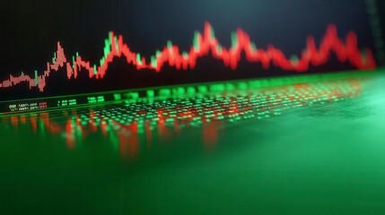 A close-up of a fluctuating stock market graph displayed on a screen