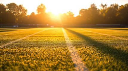 Obraz premium A football field captured at sunset, with golden light casting long shadows on the turf. 6