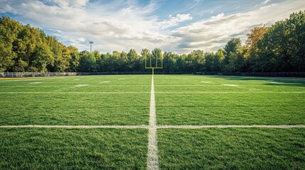 Obraz premium A football field ready for a match, with goalposts, yard lines, and a lush green playing surface.