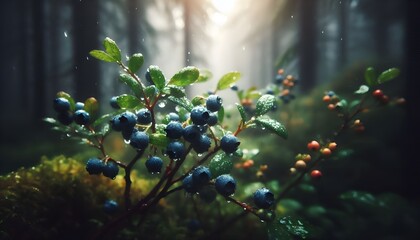 Wild blueberries are growing on a branch in a rainy forest