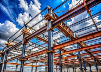 Crisscrossing steel beams pierce the cloudy sky, towering above the bustling construction site as workers toil in the shadows.