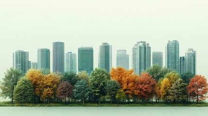 A skyline of skyscrapers emerges from a vibrant autumnal forest