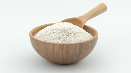 A wooden bowl filled with white rice and a wooden scoop.