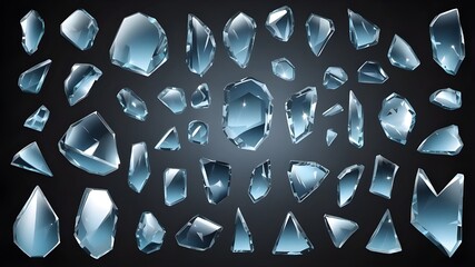 Broken glass vector shatter set, mirror sharp pieces explosion kit, transparent splinter fragments. 3D flying crystal shards, windshield smithereens, realistic dangerous particles. Broken glass design