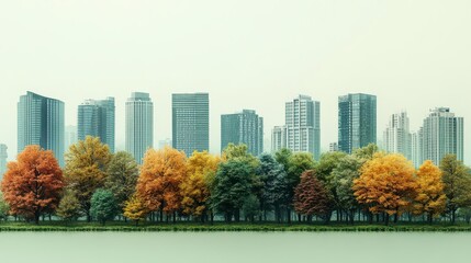 Fototapeta premium A tranquil city skyline framed by autumnal foliage
