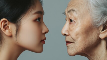Young woman and her elderly mother take care of their skin and look great,Two generations,Beautiful middle aged mother and her adult daughter,skincare and Aging concept,Comparison of young and old.