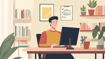 A young man working on a computer in a well-lit home office surrounded by books and indoor plants during the day