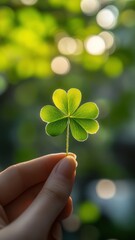 Woman holding green four leaf clover in hand in park background,Patricks day watercolor clipart,Spring flower pattern,Many shamrock plants,the Irish happy background.