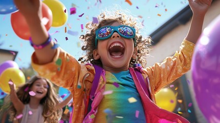 A child in a colorful superhero costume, excitedly leading a group of friends at a lively birthday party, surrounded by balloons and confetti in a vibrant backyard