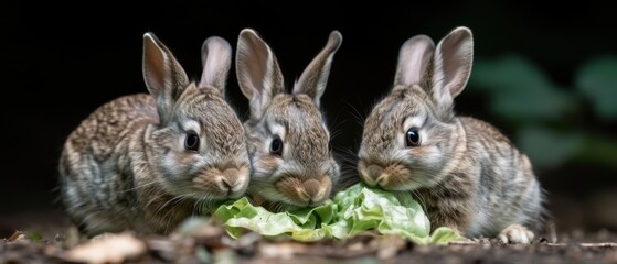 Fototapeta premium Adorable Family of Rabbits Enjoying Fresh Lettuce Feast Together Outdoors