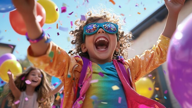 A child in a colorful superhero costume, excitedly leading a group of friends at a lively birthday party, surrounded by balloons and confetti in a vibrant backyard