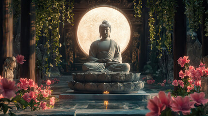 budha statue tranquil peaceful meditation beautiful scenery background