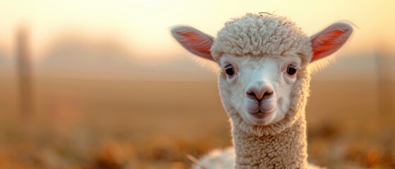 Naklejka premium Adorable Baby Alpaca with Fluffy Coat Standing Gracefully in Lush Field