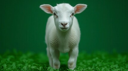 Obraz premium A young lamb standing in a grassy field looking directly at the camera