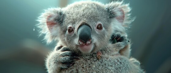Naklejka premium Adorable Baby Koala Clinging to Mother's Back in a Heartwarming Scene of Wildlife Bonding