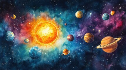 Obraz premium A set of round space planets of the solar system and Earth,sun the Moon,solar system objects for educational projects,hand painted planets and moons, satellites,watercolor painting in galaxy.